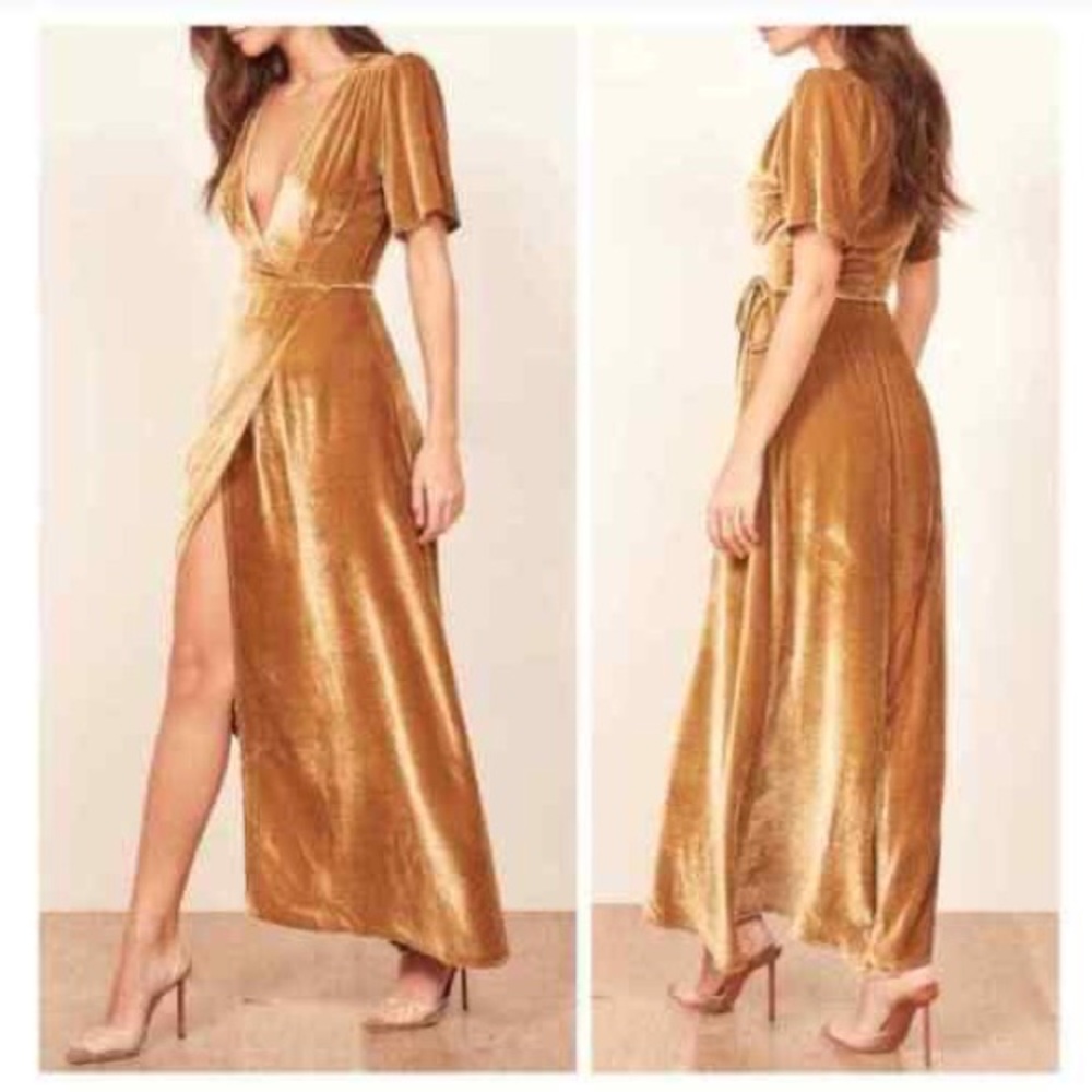 Reformation Tiffany Maxi dress Xs gold velvet